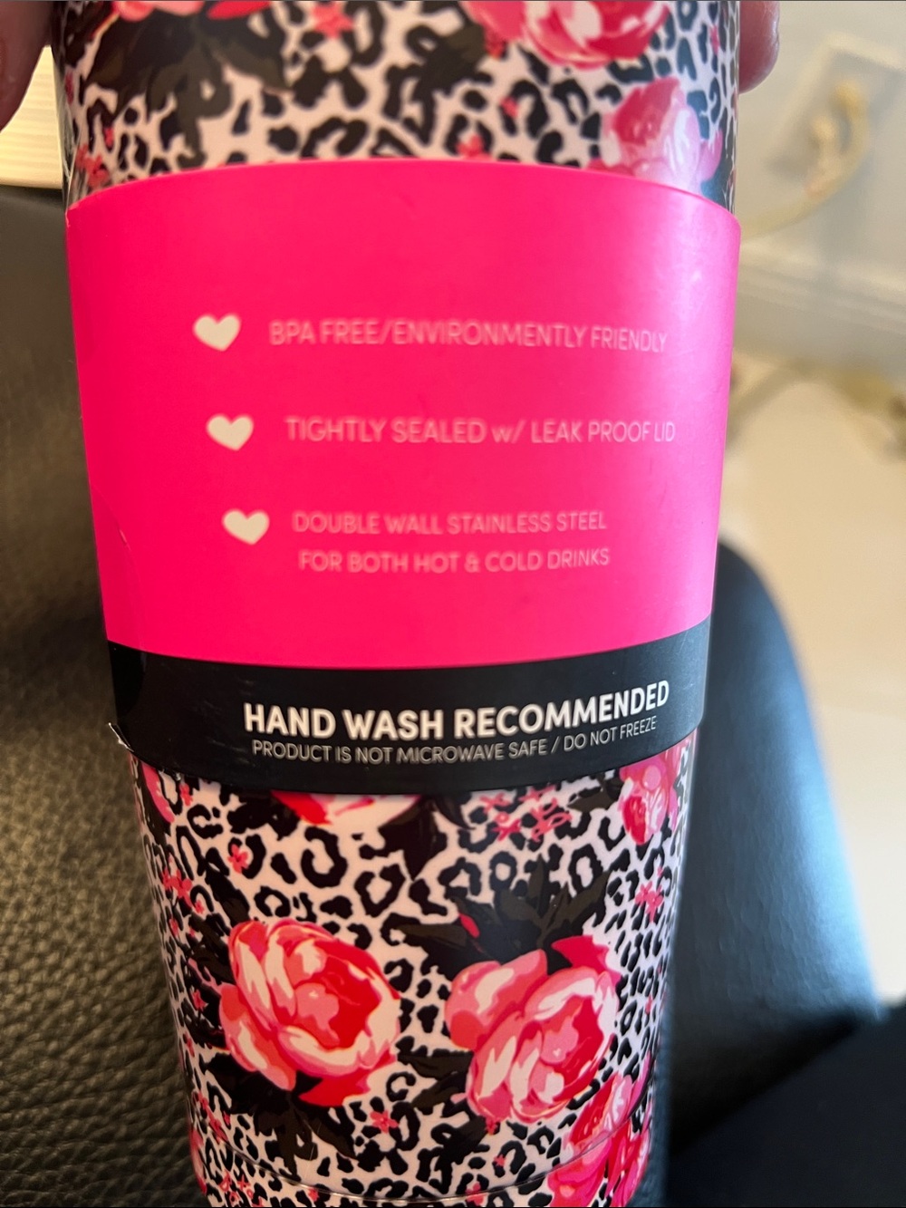 Betsey Johnson NWT Pink & Black Floral Leopard Stainless Tumbler 17 oz - Picture 2 of 5